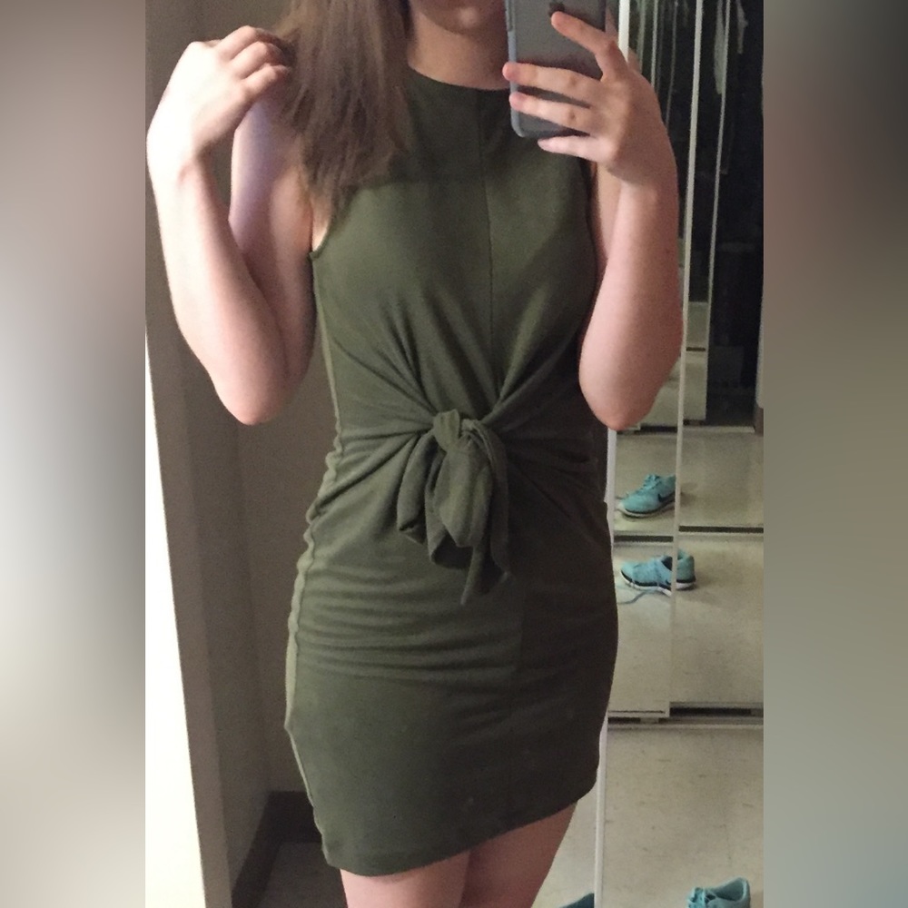 Forever 21 Olive Green Bodycon Tie Front Dress with Zipper Back